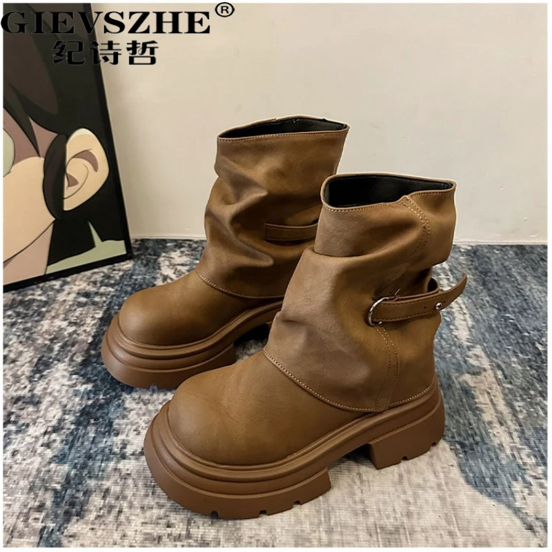 纪诗哲短靴女2025新款靴子秋季堆堆靴厚底裤管靴黑色小个子马丁靴
