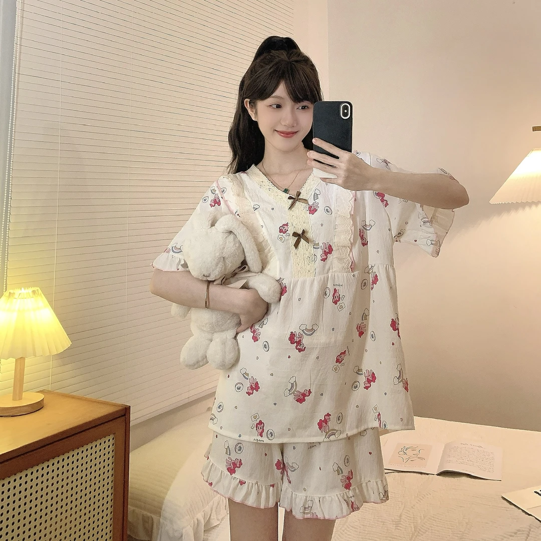 大码睡衣女夏季薄款胖mm宽松V领蕾丝花边防凸点设计甜美卡通印花