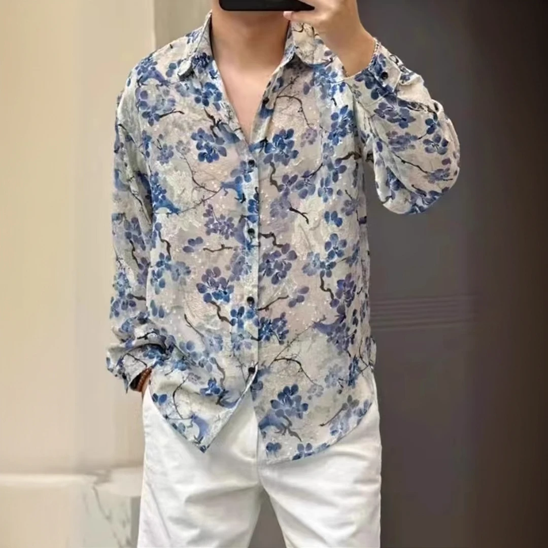 高品质轻奢时尚春夏季新品提花防晒衬衫帅气潮流百搭休闲长袖上衣