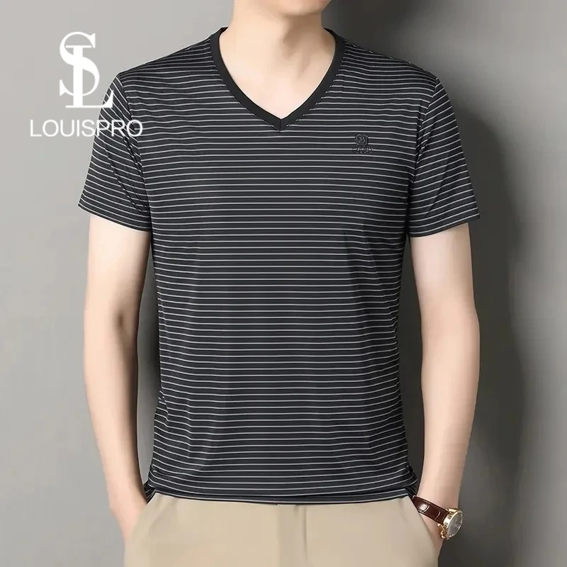Louispro高品质男士条纹短袖2025夏季薄款透气冰丝休闲潮流T恤男