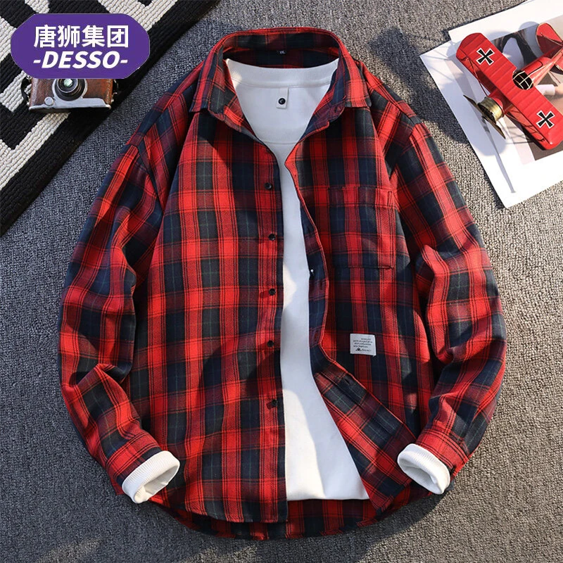唐狮集团DESSO 男士日系复古格子衬衫春秋韩版潮流休闲长袖衬衣男