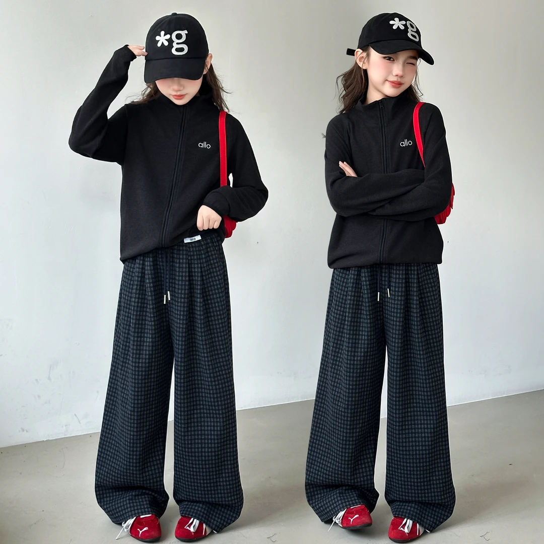 女童春秋款韩版休闲格子裤套装2025新款中大童洋气时髦儿童秋装潮