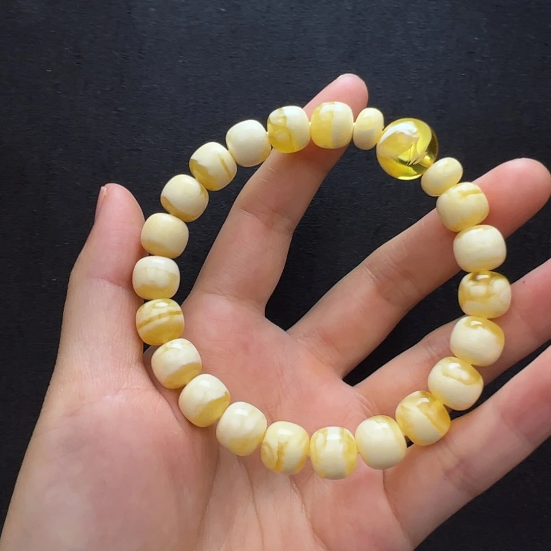 琥珀未镶嵌裸石金瓷白同料手串10mm