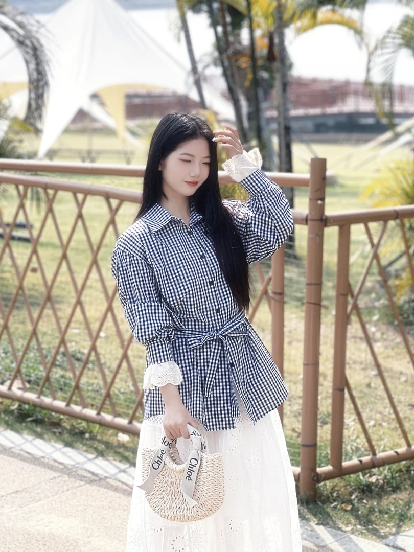 小众设计感百搭绑带收腰格子衬衫+蕾丝松紧高腰显瘦半身裙套装