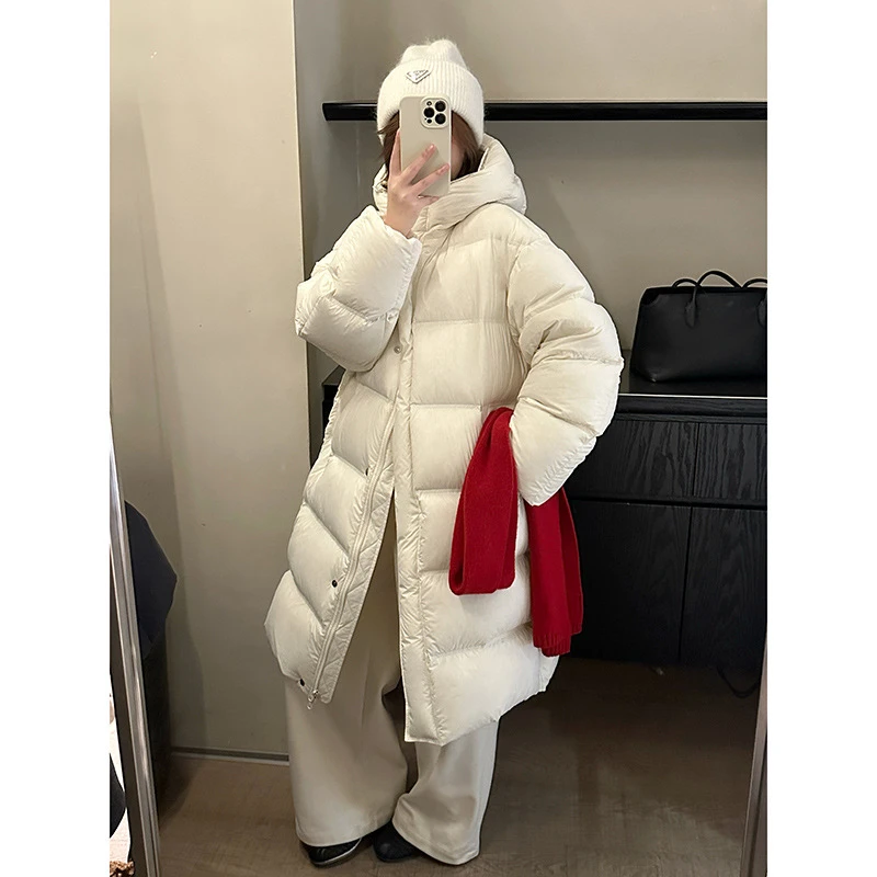 MMCDITION羽绒服女冬季2025新款厚90白鸭绒连帽中长款泡芙面包服