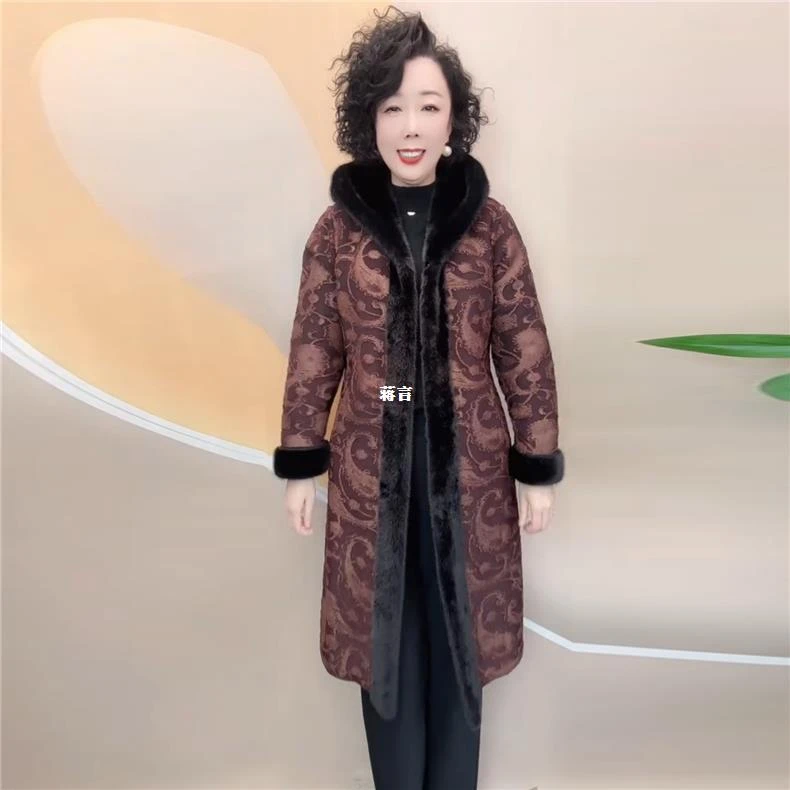 外套大衣太太妈妈时尚连帽阔中长款装加绒中老年加厚风衣保暖冬季