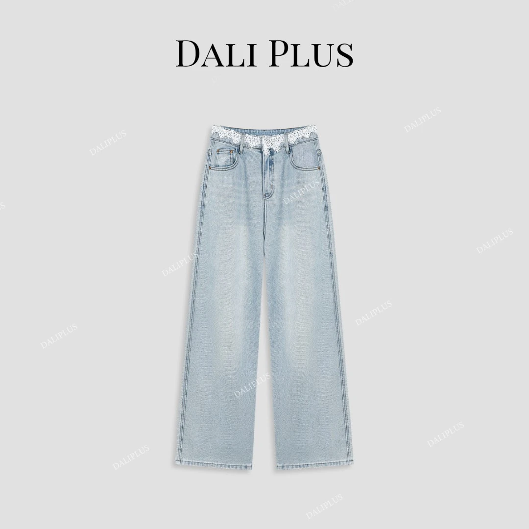 DALI PLUS腰间蕾丝拼接直筒百搭天丝棉浅色牛仔长裤-D5BL1027