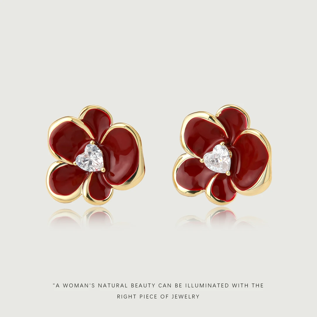 铜合金珐琅耳饰 【红花】时尚个性气质耳钉A575