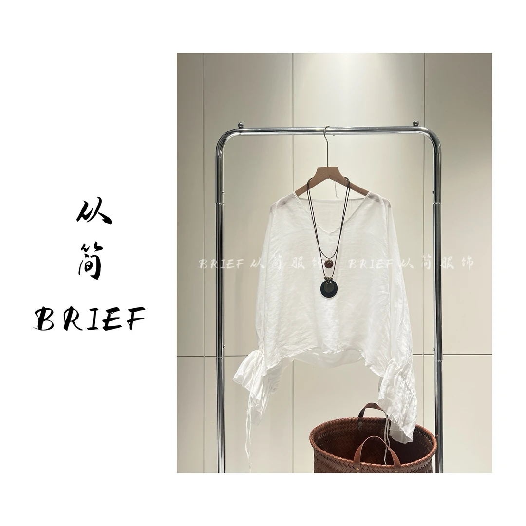 【盛夏】夏季'100%苎麻'气质小众荷叶袖系带衬衫上衣Y-Q767bai
