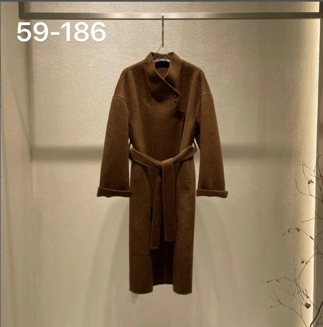 euri桑蚕丝·骆驼绒·羊毛双面呢丨长款立领腰带羊毛大衣-MY5644