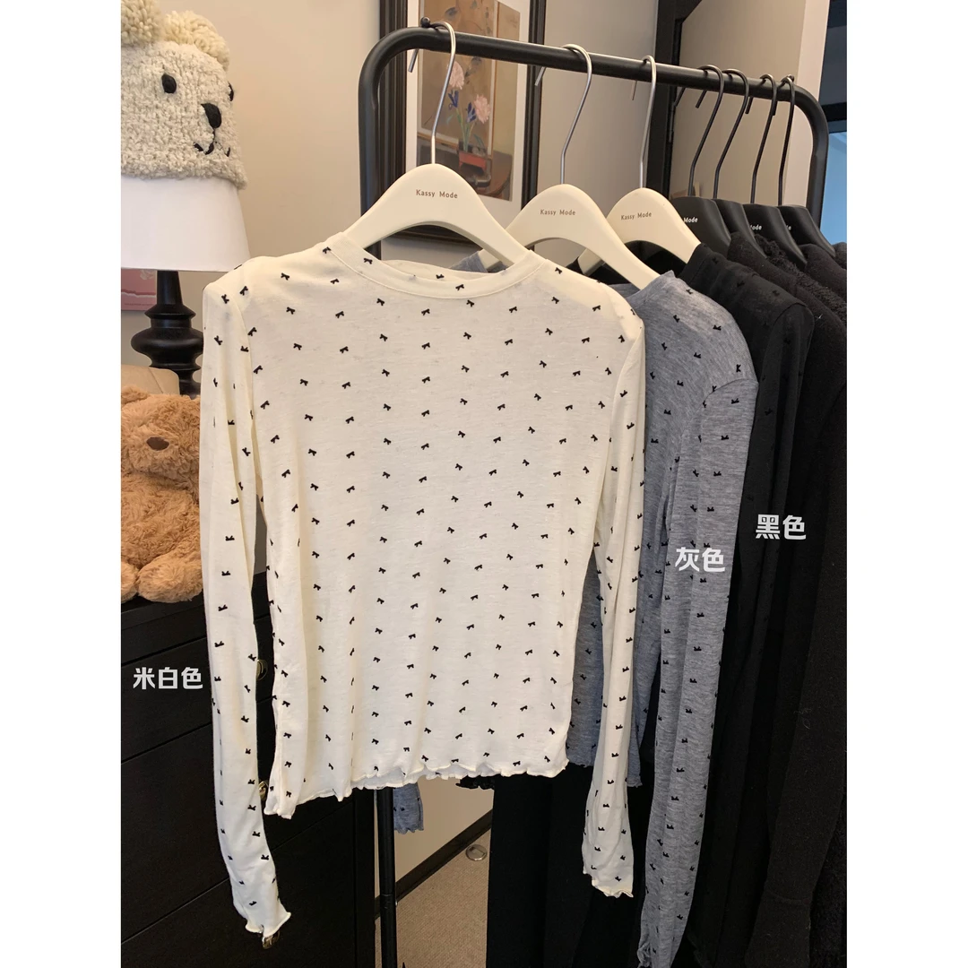 韩系圆领蝴蝶结植绒长袖T恤女时尚百搭修身显瘦纯欲风气质上衣服