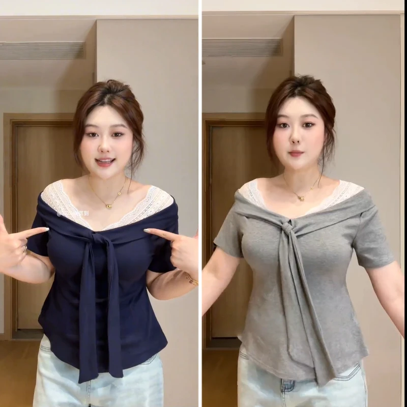 2025夏装新款胖MM大码女时尚拼接百搭蕾丝花边V领披肩洋气衣服女