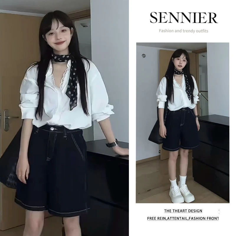 时尚穿搭2025夏季新款韩系通勤蕾丝边长袖衬衫百搭牛仔中裤两件套