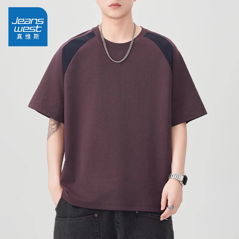 Jeanswest/真维斯新款圆领拼接短袖T恤夏季男士宽松潮流休闲半袖