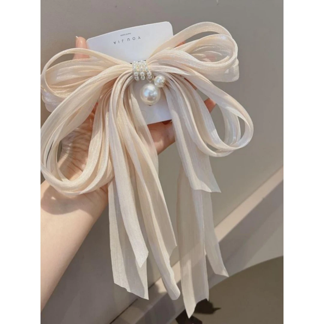 超仙蝴蝶结珍珠发夹女仙气弹簧夹顶夹后脑勺气质飘带发卡夹子头饰