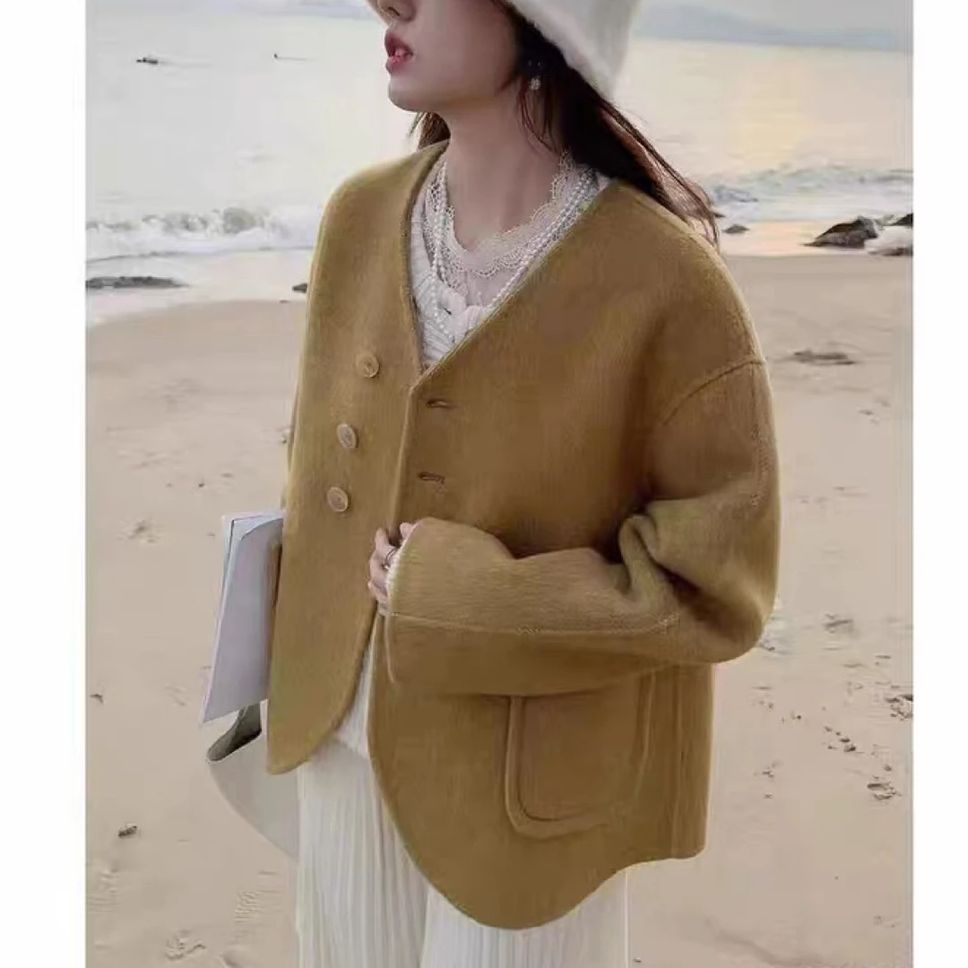 XB 100%羊毛~S胸98长64宽松纯色休闲长袖单排扣V领毛呢外套 2464