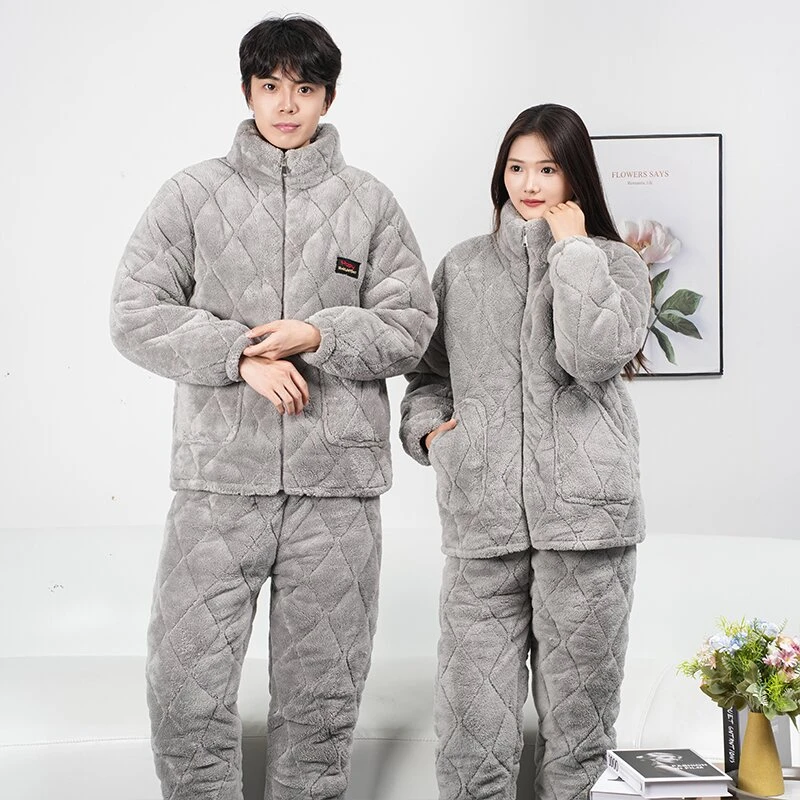 冬季睡衣夹棉加绒加厚时尚拉链睡衣保暖家居服可外穿情侣套装新款