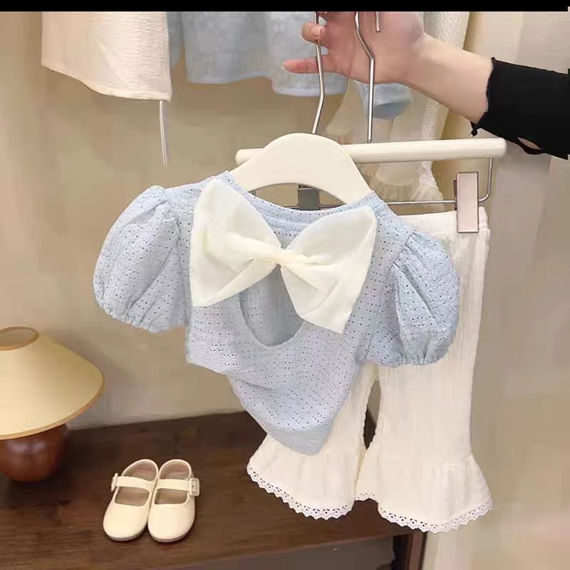 6311短袖T恤新款儿童夏季洋气蝴蝶结露背打底衫时尚喇叭裤薄