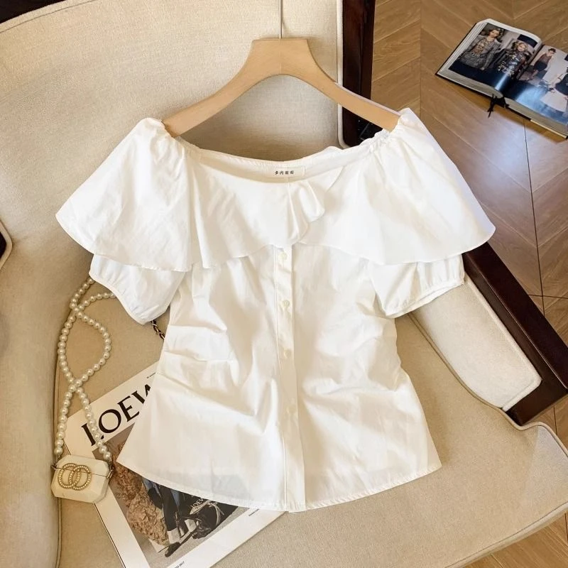 法式一字肩荷叶边短袖衬衫女夏季大码宽松显瘦衬衣褶皱气质小上衣