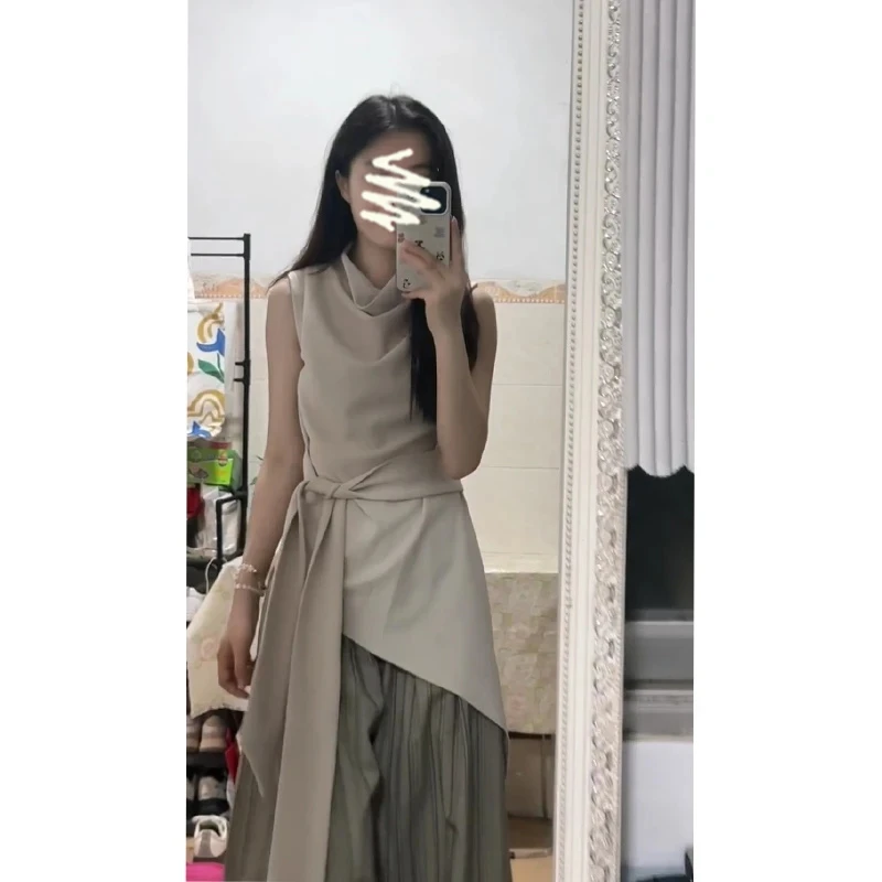 法式高级感绑带荡领无袖上衣2025夏季新款女气质高腰条纹阔腿长裤