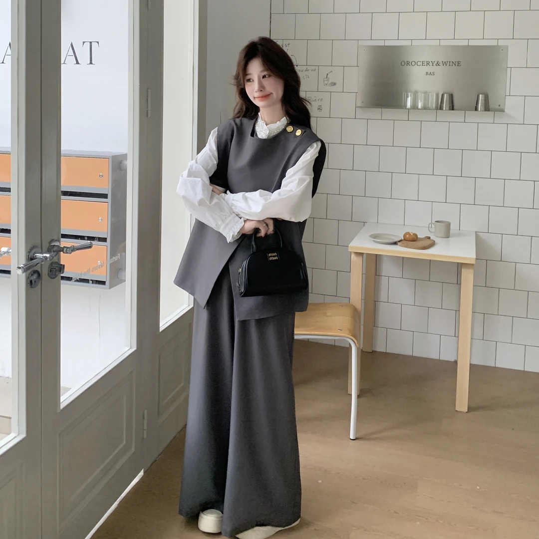 韩版灰色时尚气质系带马甲套装女2025春季新款休闲阔腿长裤两件套