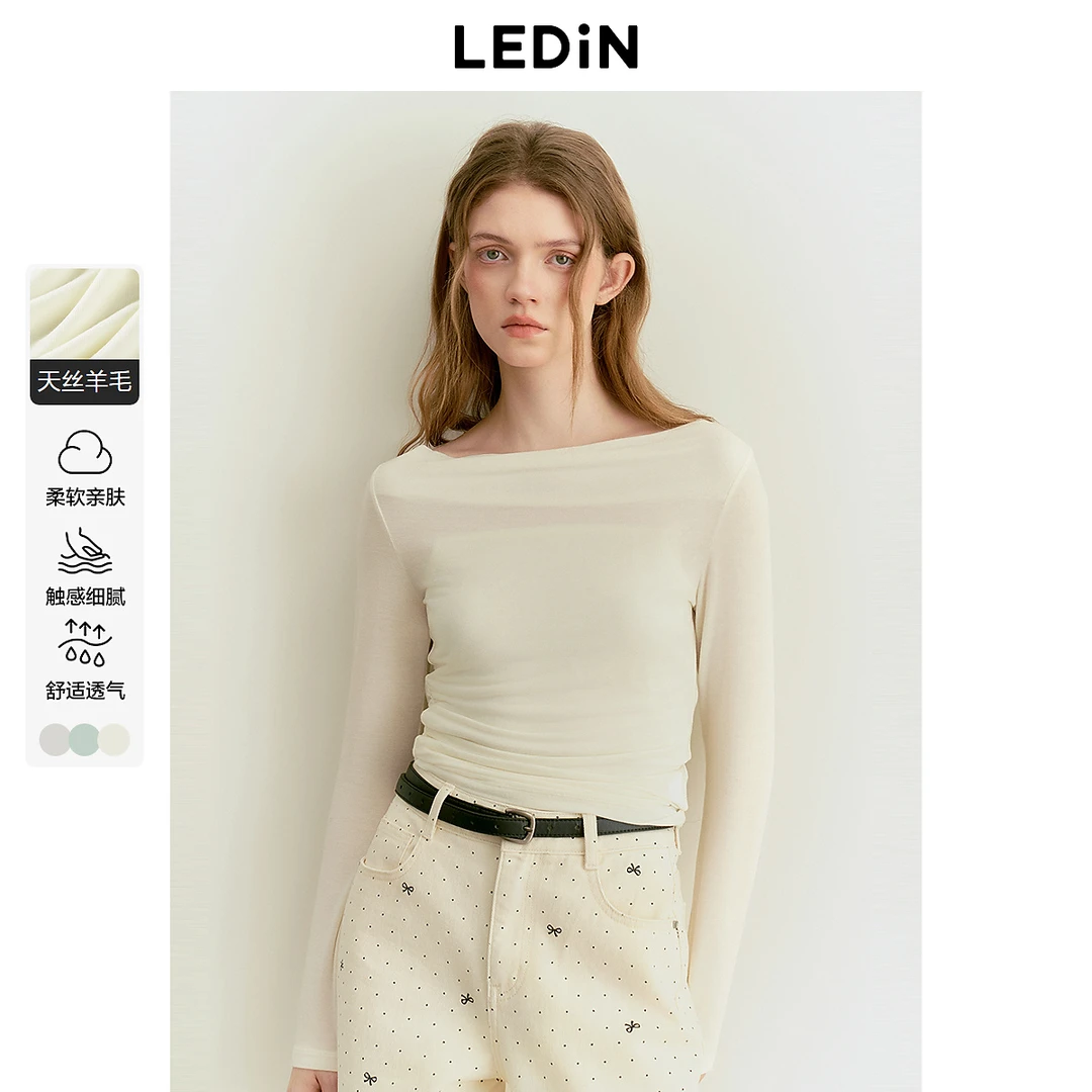 【天丝羊毛】欧若风●乐町韩系清25春新款斜肩荡领腰部抽褶长袖T恤