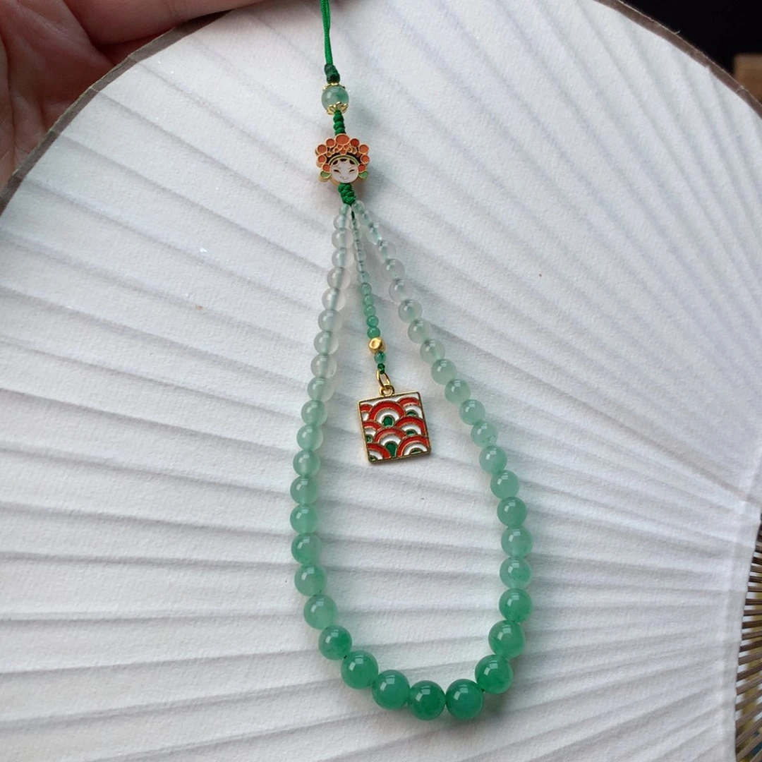 石英质玉冰飘花精品手机链银S925镀金镶嵌