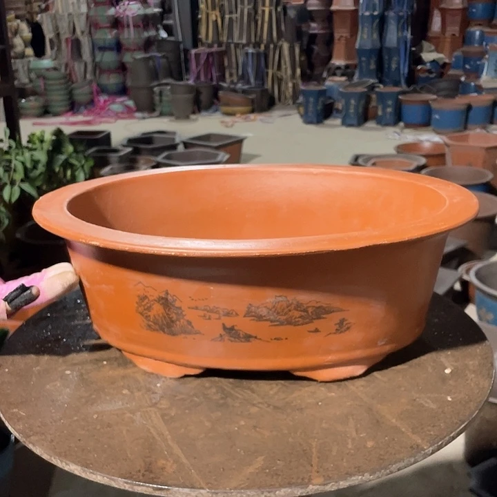 紫砂花盆38红椭圆