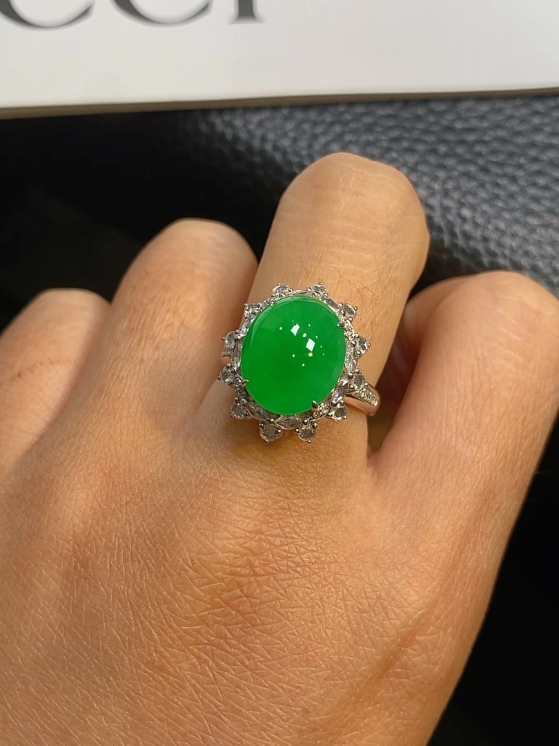 【伊玥珠宝】天然缅甸翡翠a货蛋面戒指