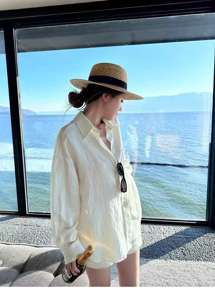 【慵懒夏日】极简老钱风感夏季亚麻宽松气质长袖上衣白色防晒衬衫