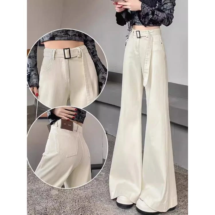 微喇阔腿牛仔裤女2025春季新款米白色高腰宽松弹力加长喇叭拖地裤