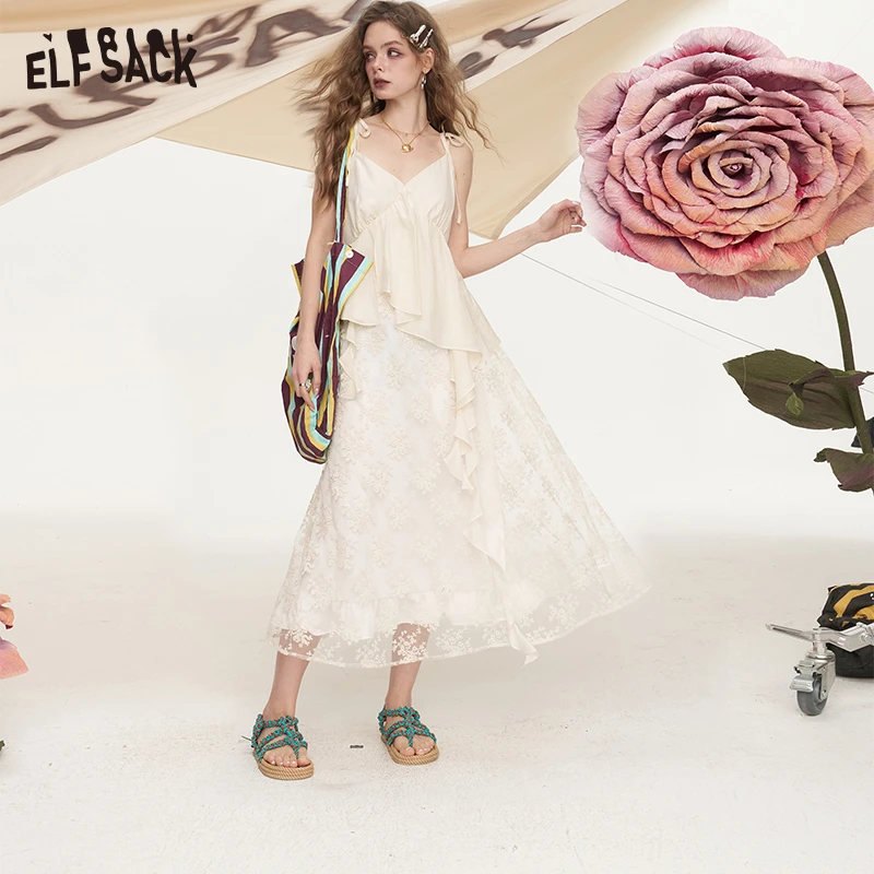【达人专属】妖精的口袋白色蕾丝拼接不规则吊带连衣裙女夏新款