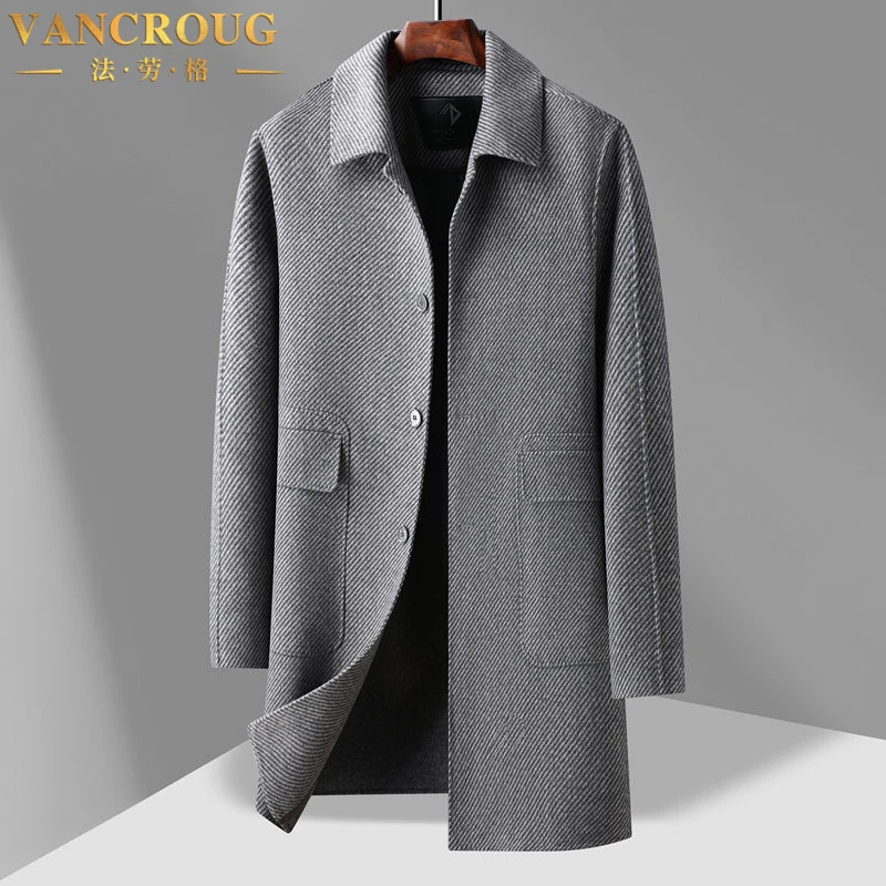 VANCROUG/法劳格毛呢大衣男士秋冬季中长款高端宽松翻领加厚外套