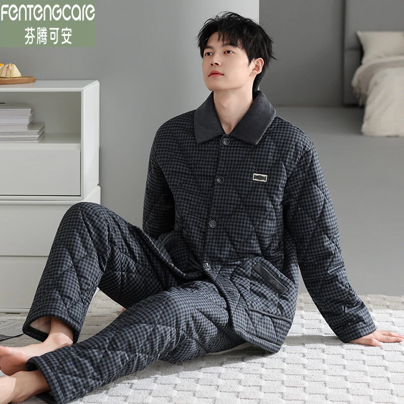 芬腾可安睡衣男冬季加厚加绒三层梭织夹棉冬款保暖宽松休闲家居服