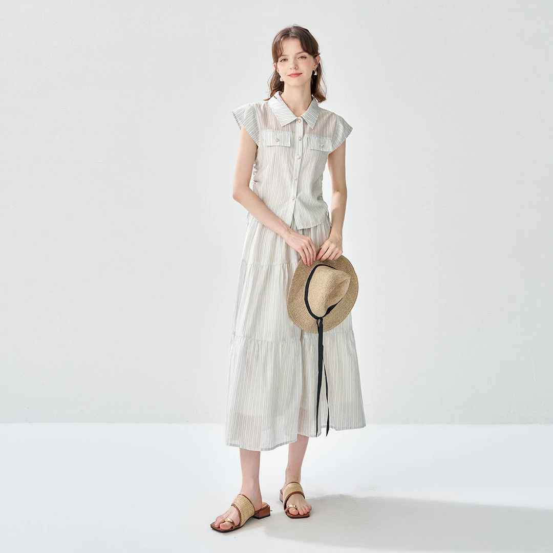 2025夏款翻领条纹小飞袖开山上衣配套A字裙两件套套装女
