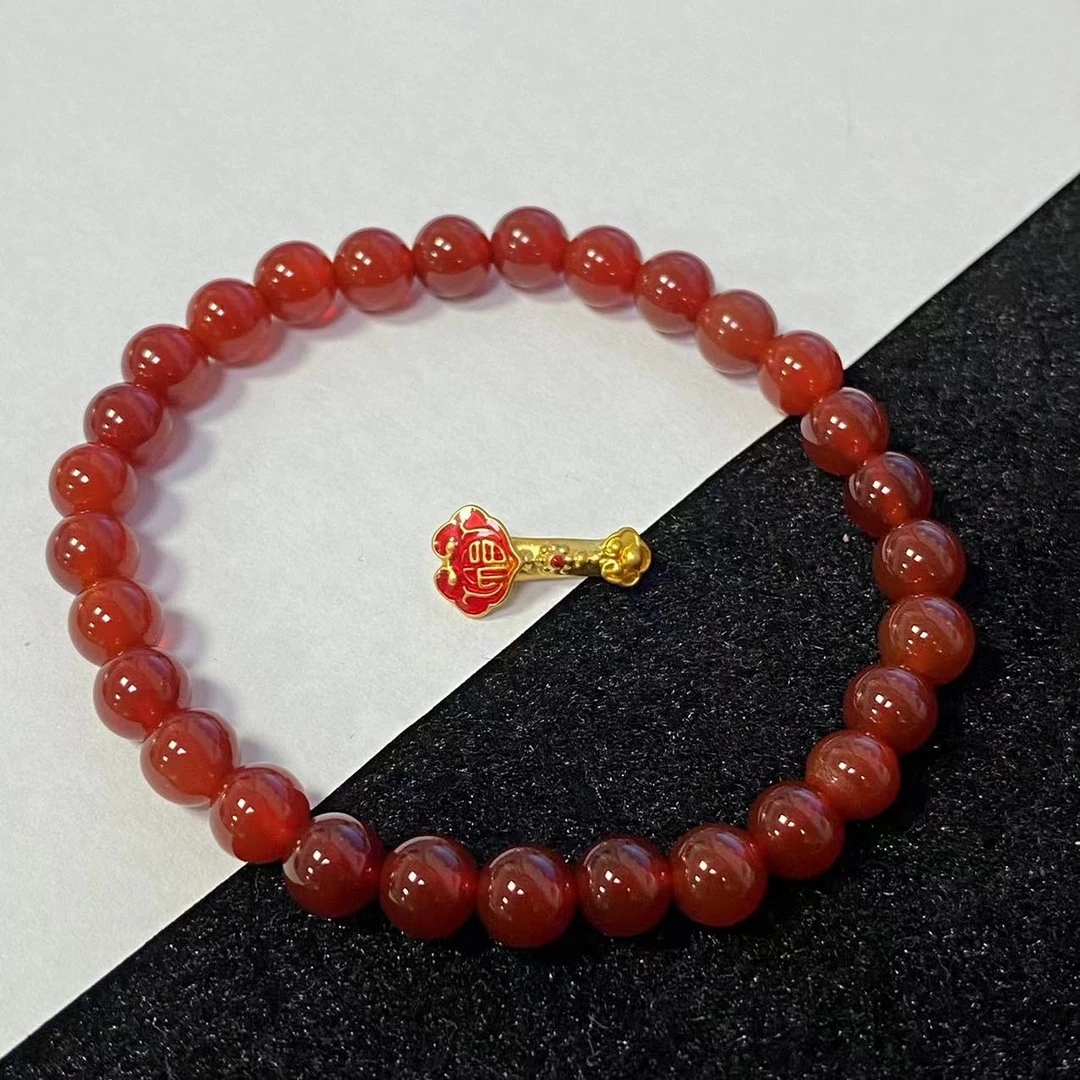 足金999烧蓝款如意手柄穿红 玛 瑙手串@@A166