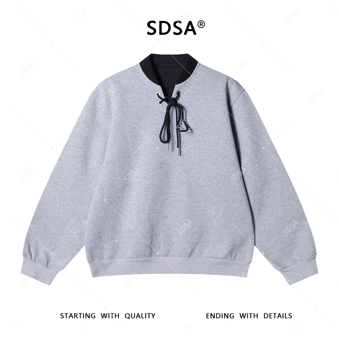 SDSA男士秋冬新款轻奢痞帅男装韩版拼色鸡眼抽绳V领套头卫衣百搭