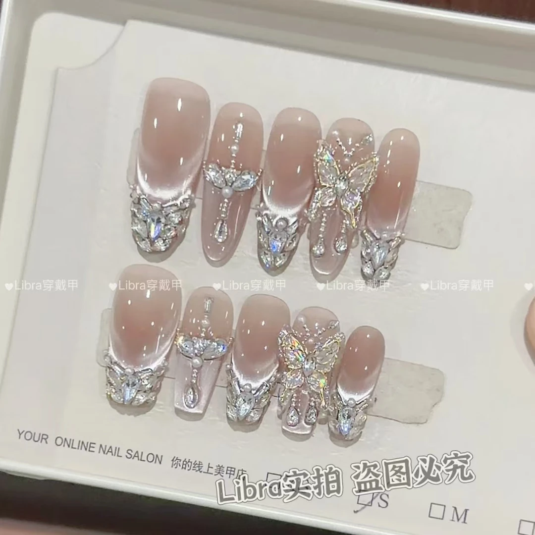 【月光蝶羽纱】5A锆石轻奢高端手工穿戴甲-重复佩戴掉钻包补-10片装