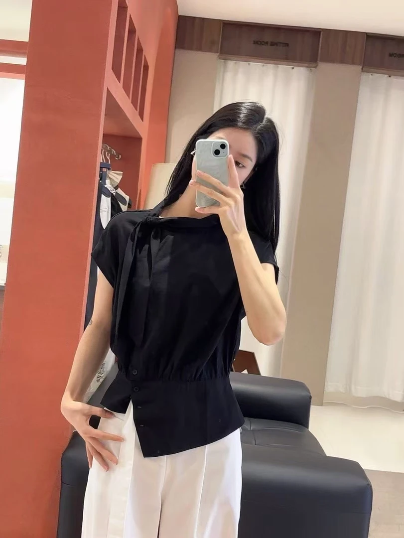 ODUOER【实体同款】立领飘带设计收腰不规则衬衣女小众小飞袖衬衫