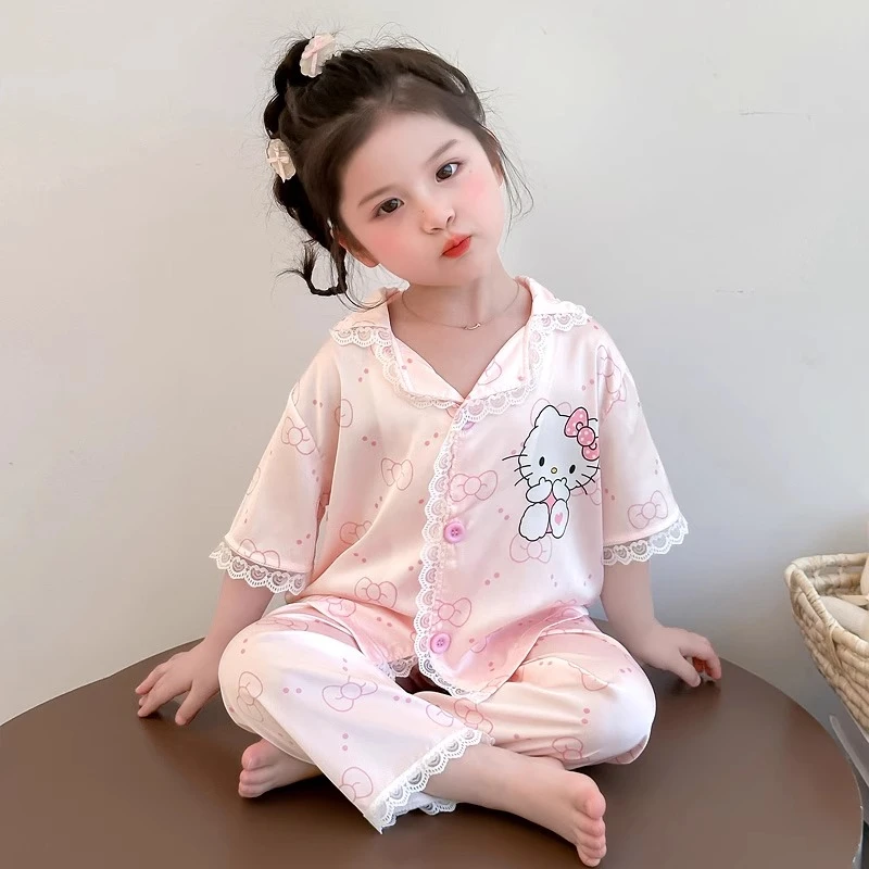 女童睡衣夏季新款冰丝短袖长裤蕾丝花边宝宝空调服女童家居服套装