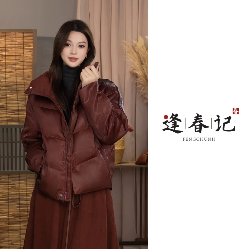 『伯爵红茶』100%桑蚕丝红云纱素绉缎90白鹅绒服立领厚款短款款秋冬