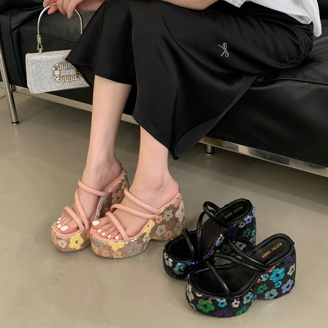 百搭露趾小香风夏季坡跟鞋女鞋气质厚底圆头百搭仙女风平底超高跟