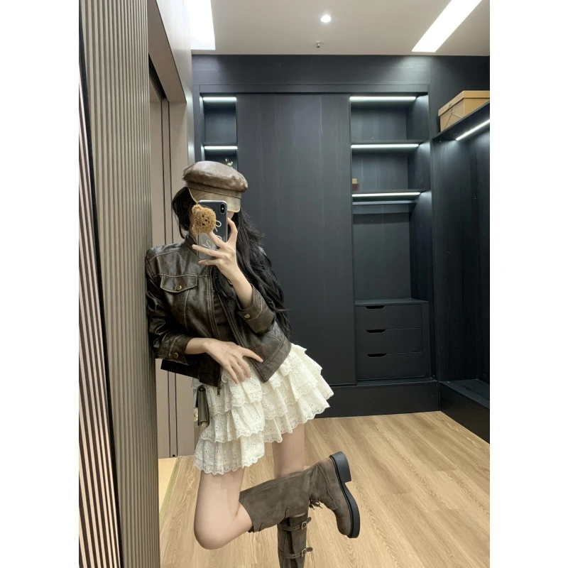 美式复古气质老钱风百搭短款皮衣外套秋季新款高腰半身蛋糕短裙潮