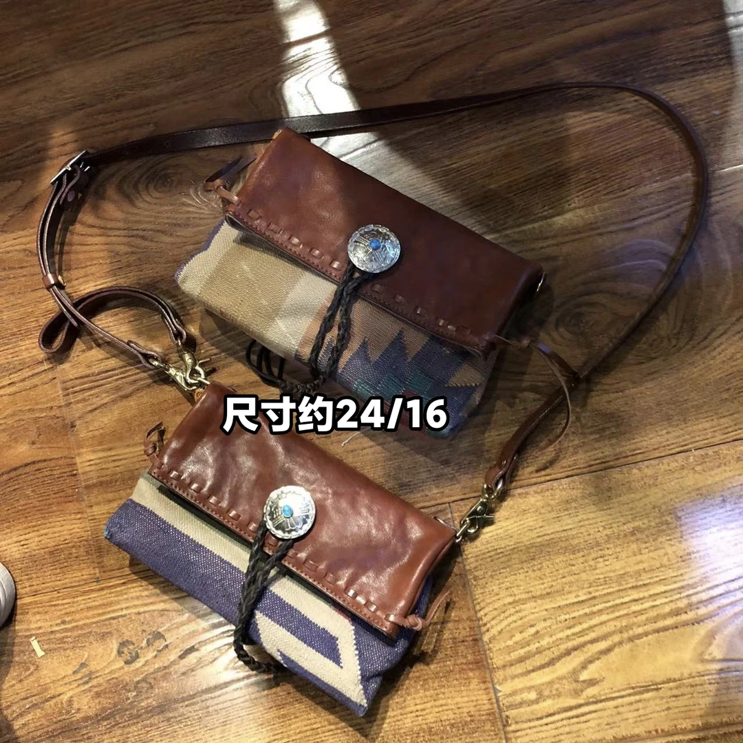 制道手工女士单肩斜挎包复古时尚羊毛毯配牛皮个性印第安风格手拿