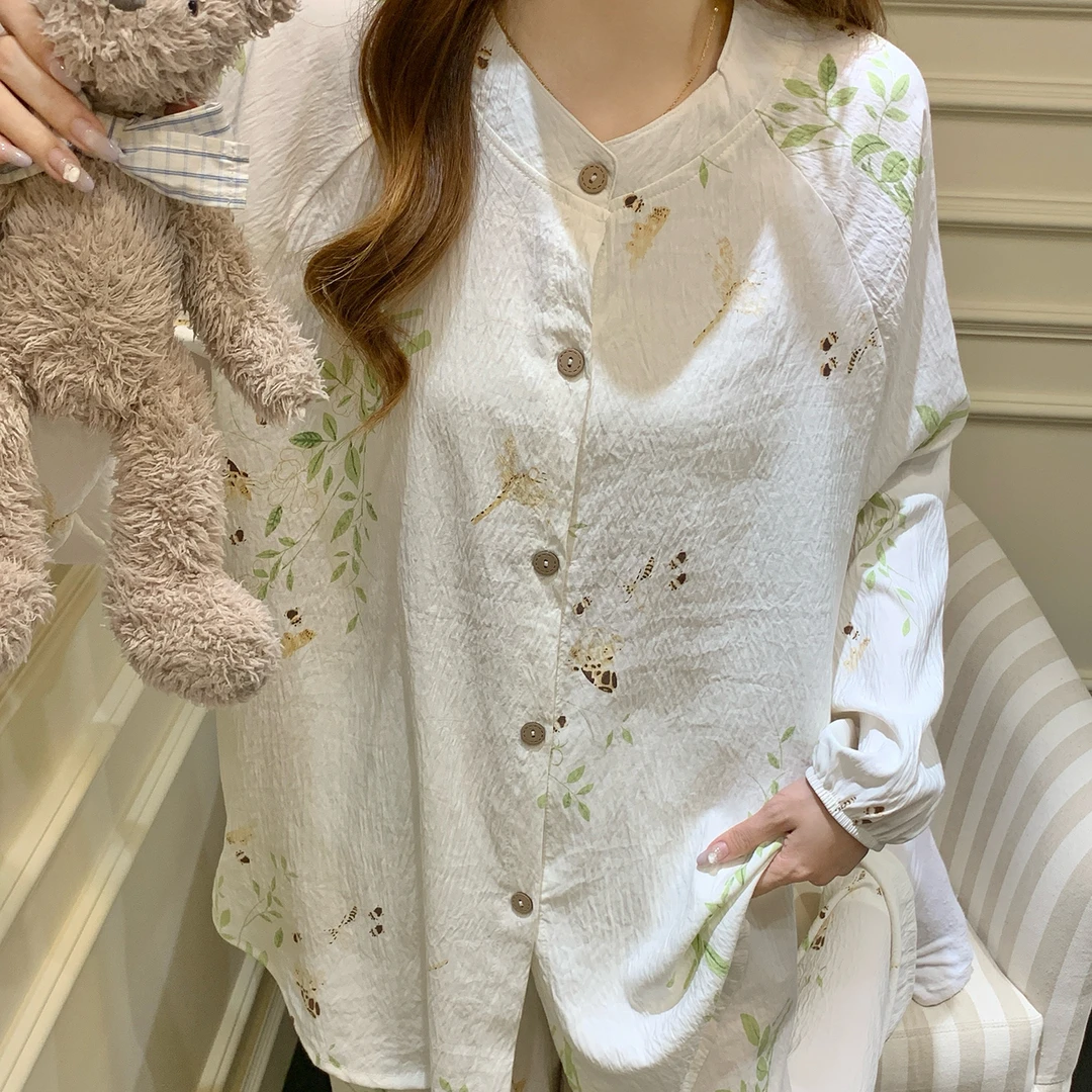 云朵棉睡衣女秋季长袖大码2025新款可外穿国风绿叶家居服冬天套装