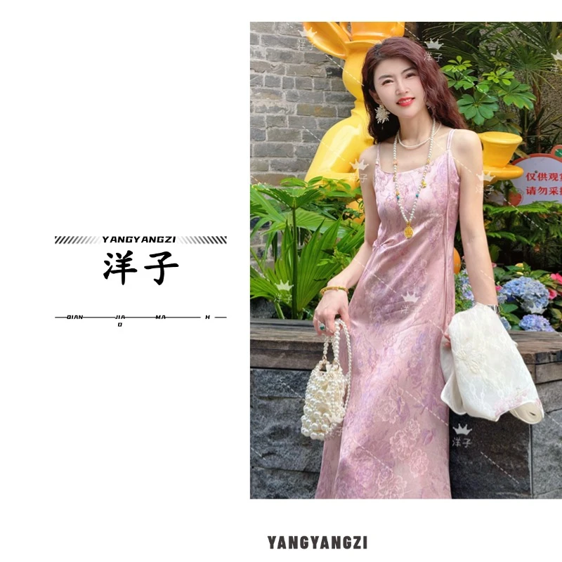 【洋子服饰】新中式国潮高级定制桑蚕丝时尚百搭吊带连衣裙JC1128