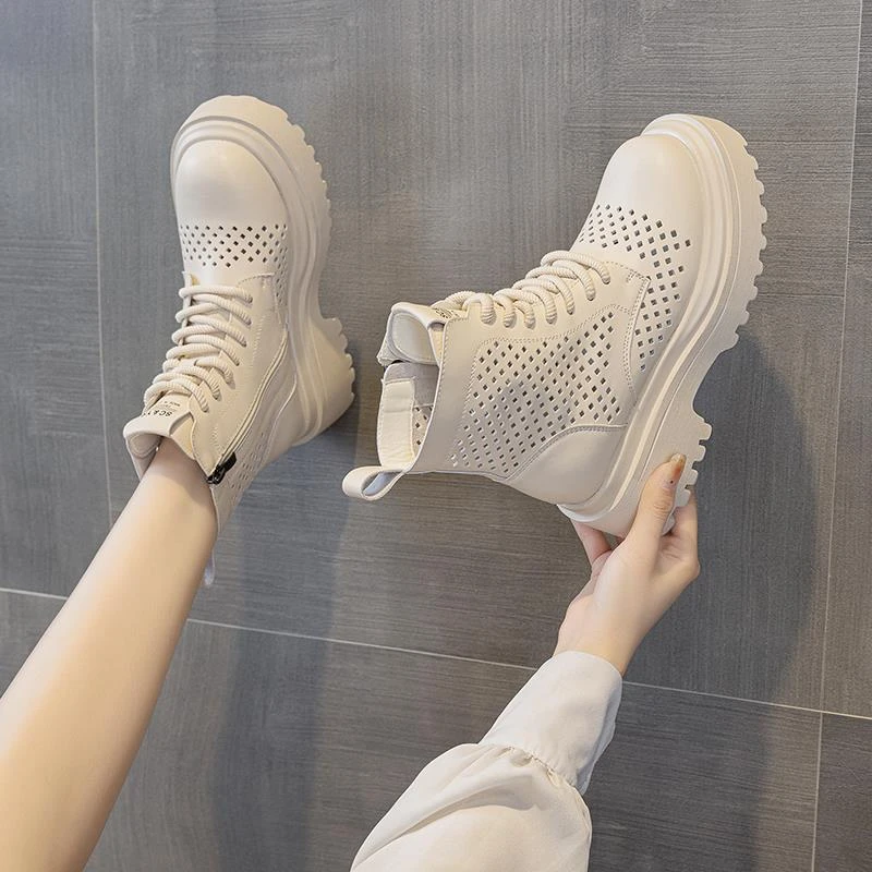 高档轻奢2025白色镂空马丁靴女夏季薄款新款厚底内增高英伦风工装