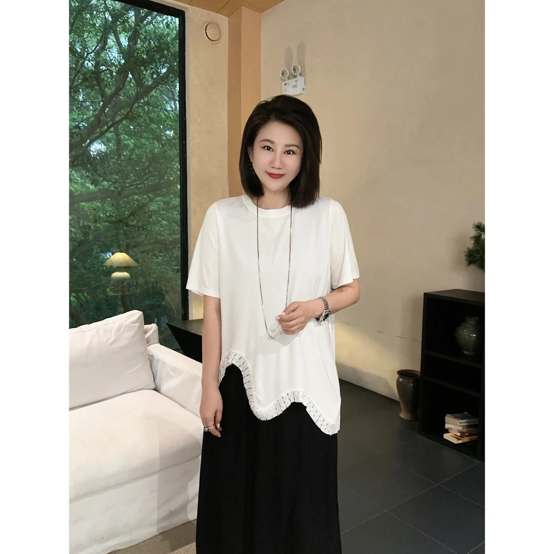 微胖女装【仲夏假期】波浪边下摆半袖短袖T恤20665