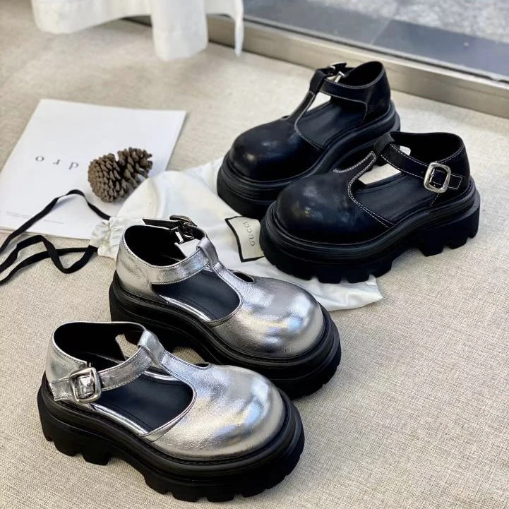 YG 欧货芒果大头一字玛丽珍松糕厚底银色包头凉鞋小个子女鞋