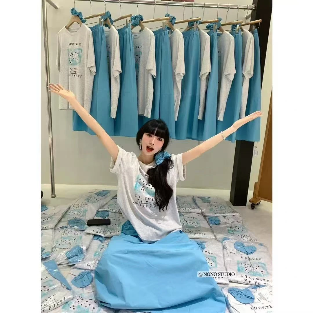 价格专用链接 慵懒风穿搭短袖T恤搭配高腰半身裙和发圈的女性套装